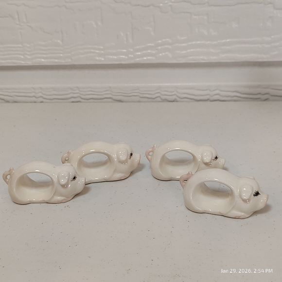 Ceramic Pig Napkin Ring Holders Set of 4 Country House Cottage Vintage WHITE - Picture 4 of 6